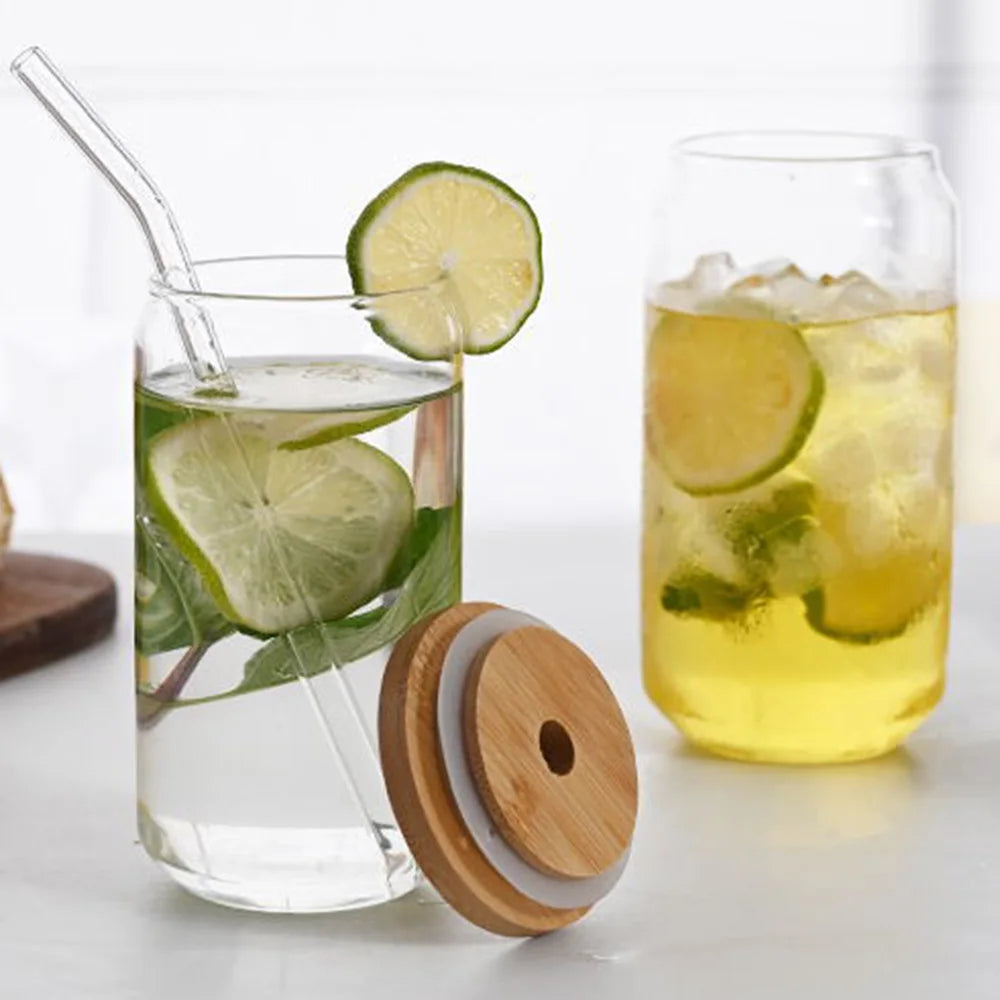 Borosilicate Glass Cups with Lid & Straw - Unique Can Shape